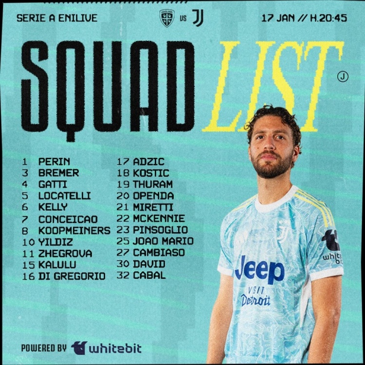 pg-尤文客战卡利亚里名单：伊尔迪兹、戴维、孔塞桑、布雷默在列